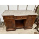 A VICTORIAN MAHOGANY BREAKFRONT SIDE CABINET WITH MARBLE TOP, 48" WIDE