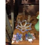 GLASSWARE OT INCLUDE COLOURED GLASS CANDLE HOLDERS, A BASKET, SCENT BOTTLES, ETC