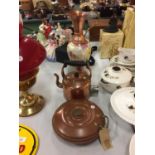 THREE PIECES OF COPPERWARE TO INCLUDE A WARMER, KETTLE AND A PATTERNED JUG