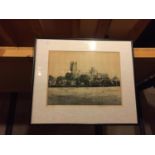 A SIGNED PICTURE OF A CHURCH WITH GRAZING SHEEP IN THE FOREGROUND. INDISTINCT SIGNATURE