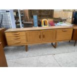 A RETRO TEAK STATEROOM SIDEBOARD, 80.5" WIDE, ENCLOSING THREE DRAWERS AND THREE CUPBOARDS