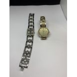 TWO DECORATIVE WRIST WATCHES WITH CLEAR STONE DECORATION ONE WITH A RECTANGULAR FACE AND A