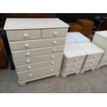 A PAIR OF WHITE SHERADON BEDROOM BEDSIDE CHESTS AND CHEST OF DRAWERS