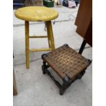 A PAINTED STOOL AND SMALLS TOOL WITH WOVEN TOP