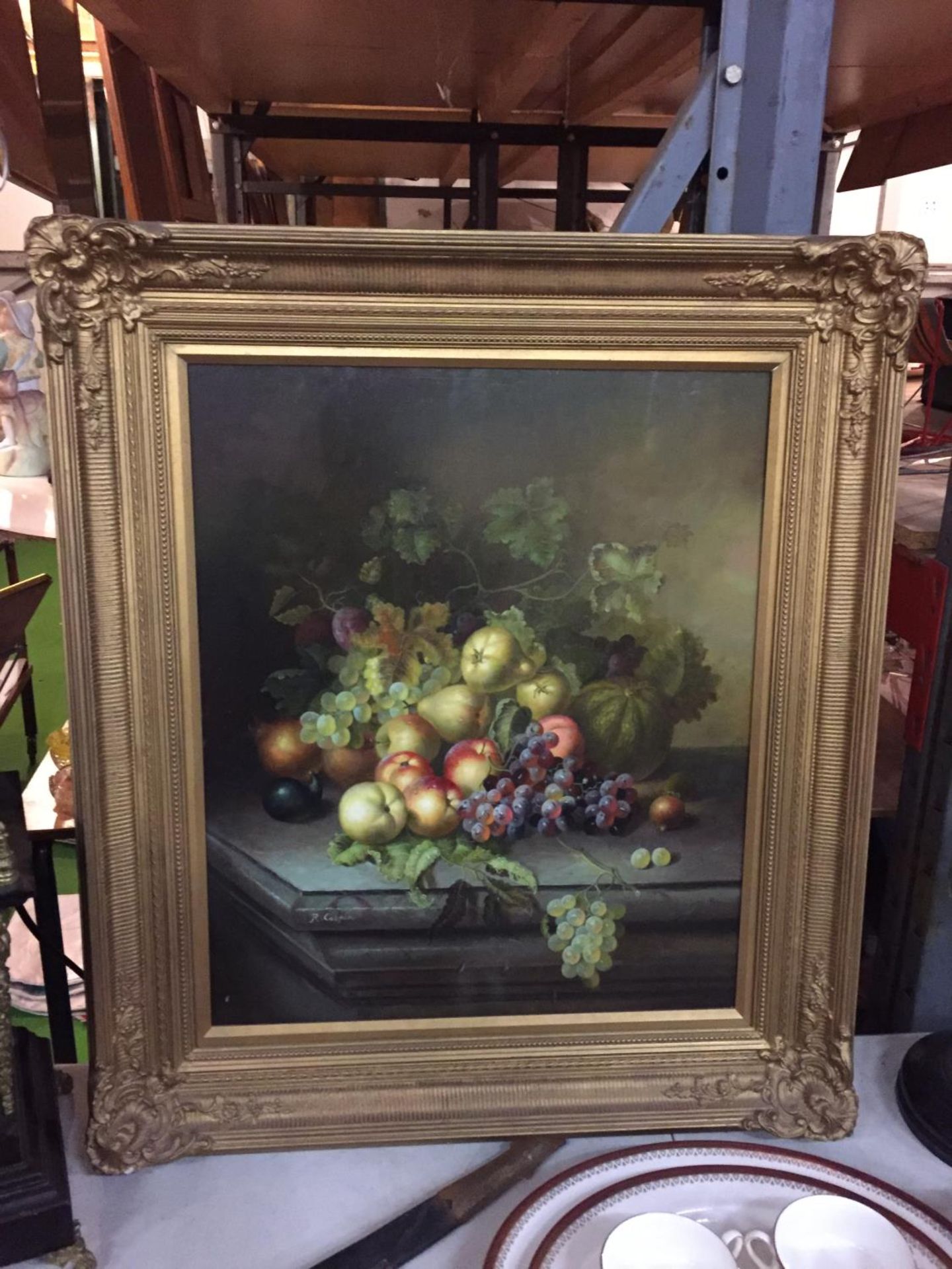 A GILDED FRAMED OIL ON BOARD STILL LIFE PAINTING OF FRUIT, SIGNED R CASPER