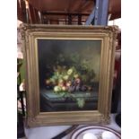 A GILDED FRAMED OIL ON BOARD STILL LIFE PAINTING OF FRUIT, SIGNED R CASPER