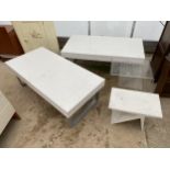 A PAIR OF MELAMINE WHITE COFFEE TABLES ON METAL FRAME LEGS, EACH 48 X 24", SMALL TABLE 20 X 12"