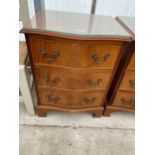 A REPRODUCTION YEW WOOD SERPENTINE CHEST OF THREE DRAWERS, 20" WIDE