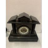 A SLATE MANTLE CLOCK WITH COLUMNS AND A FRENCH MOVEMENT