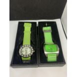 TWO BRIGHT GREEN WRISTWATCHES IN PRESENTATION BOXES SEEN WORKING BUT NO WARRANTY