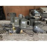 AN ASSORTMENT OF PEWTER TANKARDS, BUTCHERS SCALES AND FIRESIDE ITEMS ETC