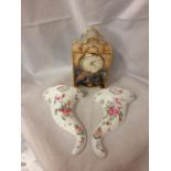 A PAIR OF ROYAL WORCESTER WALL POCKETS PLUS A BRADFORD EXCHANGE PAINTED MANTLES CLOCK-SEEN WORKING