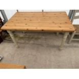 A MODERN PINE KITCHEN TABLE ON PAINTED BASE, 59 X 36"