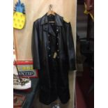 A GOOD QUALITY REPLICA BLACK LEATHER NAZI GERMANY COAT, SIZE 44, THE LINING WITH SS RUNES, GREY