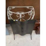A DECORATIVE COPPER FIRE SCREEN AND A FURTHER WHITE PAINTED TABLE BASE