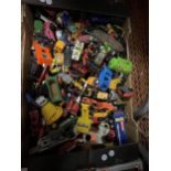 A BOX OF DIECAST VEHICLES TO INCLUDE CORGI, MATCHBOX, CARS, WOODEN TRAINS, WAGONS, ETC