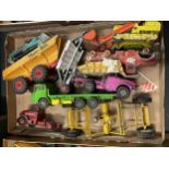 A QUANTITY OF MATCHBOX DIECAST VEHICLES TO INCLUDE DUMPER TRUCK, BULLDOZER, FLATBED TRUCK, ETC.