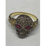 A MEMENTO MORI DIAMOND AND RUBY RING GROSS WEIGHT 3.9 GRAMS SIZE O/P WITH A PRESENTATION BOX