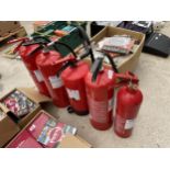 A GROUP OF FIVE FIRE EXTINGUISHERS TO INCLUDE THREE WATER AND A CO2 ETC