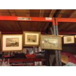 FOUR FRAMED PICTURES, THREE OF WHICH ARE GILDED, TO INCLUDE TWO SEASCAPE SCENES, A COUNTRY SCENE AND