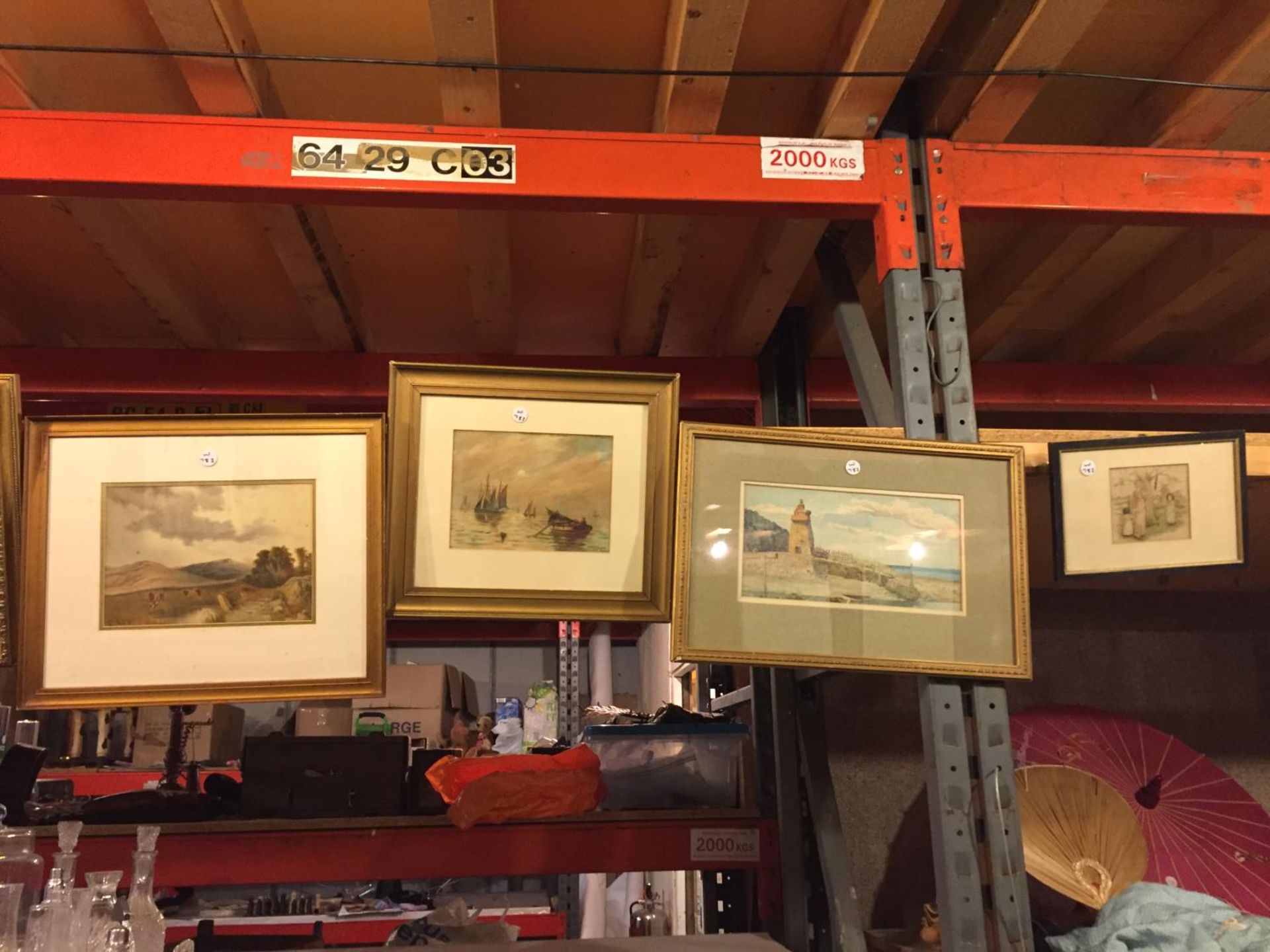 FOUR FRAMED PICTURES, THREE OF WHICH ARE GILDED, TO INCLUDE TWO SEASCAPE SCENES, A COUNTRY SCENE AND