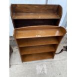 A MID 20TH CENTURY OAK OPEN FIVE TIER BOOKCASE, 30" WIDE AND A SHINY WALNUT FOUR TIER OPEN BOOKCASE,