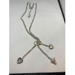 A SILVER NECKLACE WITH VARIOUS CHARMS TO INCLUDE A W, TROPHY, CUP AND A JASPERWARE HEART PENDANT