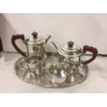 A WALKER AND HALL, SHEFFIELD SILVER PLATED TEA SET TO INCLUDE A TEA AND WATER POT, CREAM JUG,