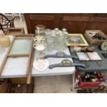 AN ASSORTMENT OF ITEMS TO INCLUDE COAT HOOKS, A GLASS WASHBOARD AND GLASS JARS ETC