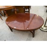 OVAL MAHOGANY COFFEE TABLE 43 INCHES X 30 INCHES AND A DEMI-LUNE TABLE 48 INCH WIDE