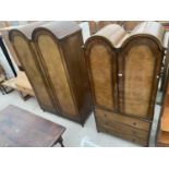 TWO WALNUT BUTILUX DOMED TOP WALNUT WARDROBES AND A BEDSTEAD