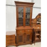 A LATE VICTORIAN TWO DOOR BOOKCASE ON BASE, WITH TWO DRAWERS AND TWO CARVED PANEL DOORS TO THE BASE,