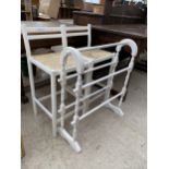 A PAIR OF RUSH SEATED CHAIRS AND FIVE BAR TOWEL RAIL