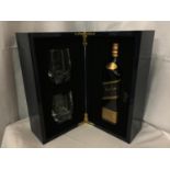 A JOHNNIE WALKER BLUE LABEL WHISKEY BOTTLE AND TWO GLASSES IN A PRESENTATION CASE