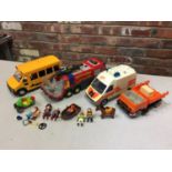 VARIOUS PLAYMOBIL VEHICLES AND FIGURES TO INCLUDE A FIRE ENGINE