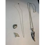 TWO SILVER CHAINS (ONE A/F) AND THREE PENDANTS TO INCLUDE A HORN, HEART ETC