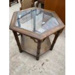A HEXAGONAL GLASS TOP COFFEE TABLE AND PINE SWING FRAME MIRROR