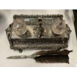 A WHITE METAL DESK SET AND INKWELL