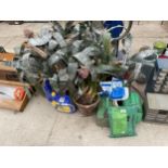 AN ASSORTMENT OF GARDEN ITEMS TO INCLUDE TERRACOTTA PLANTERS, FUEL CANS AND PLANT FEED ETC