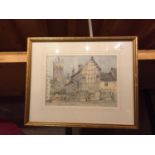 A FRAMED PRINT OF CHURCH LANE, NANTWICH, SIGNED TO THE BOTTOM RIGHT (GLASS A/F)