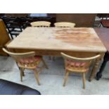A VICTORIAN STYLE PINE KITCHEN TABLE, 60 X 35" AND FOUR CHAIRS