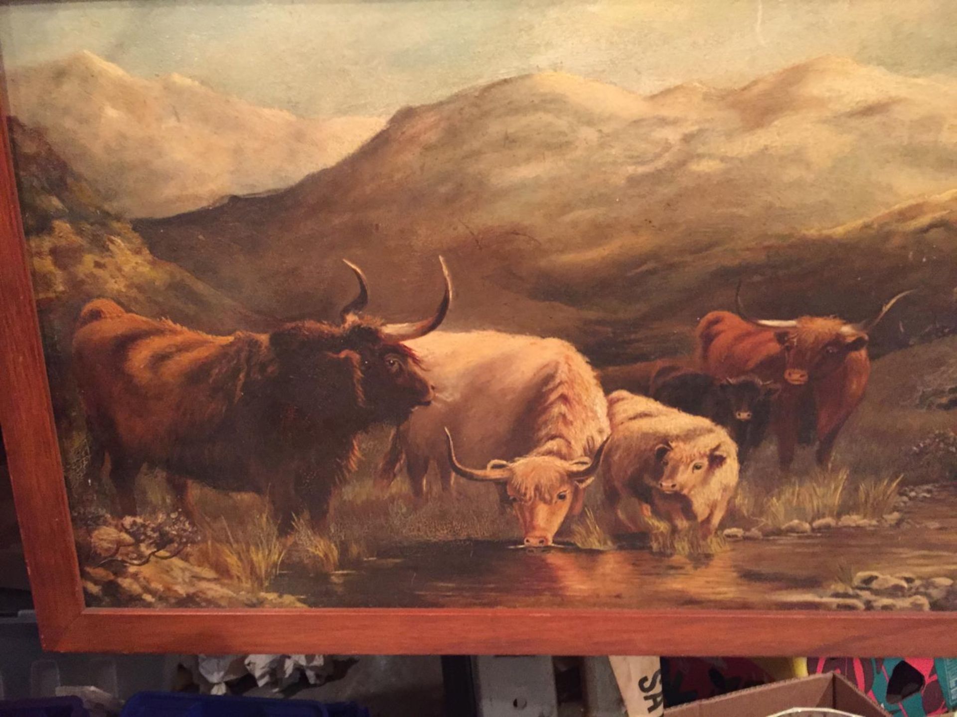 A WOODEN FRAMED PICTURE OF CATTLE AT A RIVER - Image 3 of 3