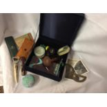 A BOX OF COLLECTABLES TO INCLUDE A DARNING MUSHROOM, DARTS, BOTTLE OPENERS, CALCULATOR, VINTAGE TINS