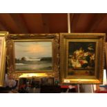 TWO GILT FRAMED OIL ON CANVAS PAINTINGS OF HENS AND A SEA SCAPE