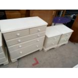 A PAIR OF WHITE SHERADON BEDROOM BEDSIDE CHESTS AND CHEST OF DRAWERS