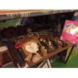 A LARGE AMOUNT OF MAINLY TREEN ITEMS TO INCLUDE, CATS, A SIGN, VINTSGE ROLLING PINS, PLAQUES, TIN