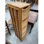 A NARROW BATHROOM CHEST WITH WICKER DRAWERS, 10" WIDE