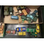 A COLLECTION OF LESNSEY AND MATCHBOX DIECAST VEHICLES TO INCLUDE CARS, TRACTORS, ARMY VEHICLES, ETC.