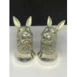 A PAIR OF HEAVY SILVER PLATED HARE DESIGN SALT POTS