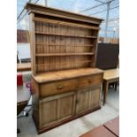 A VICTORIAN PINE KITCHEN DRESSER, 62.5" WIDE, WITH TWO DRAWERS, TWO CUPBOARDS AND PLATE RACK